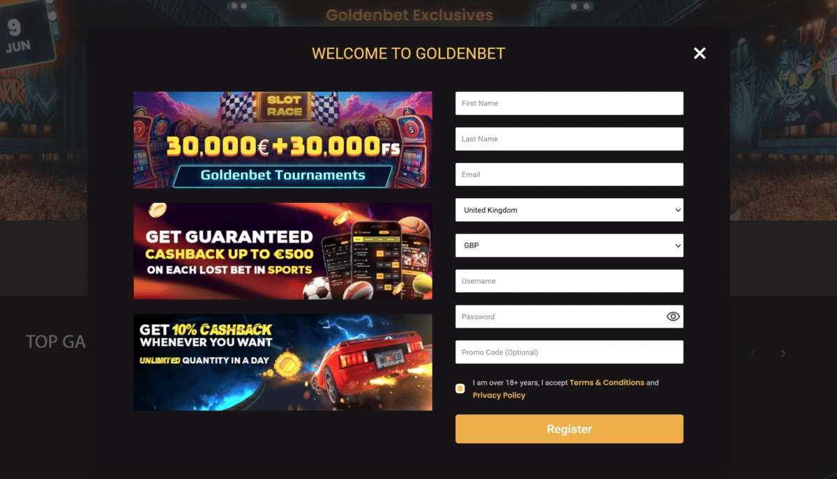 Registration in GoldenBet