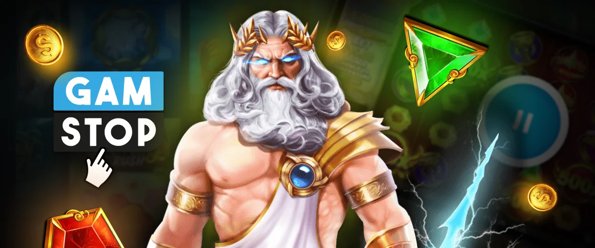 Zeus-themed slot game with GamStop logo and casino elements