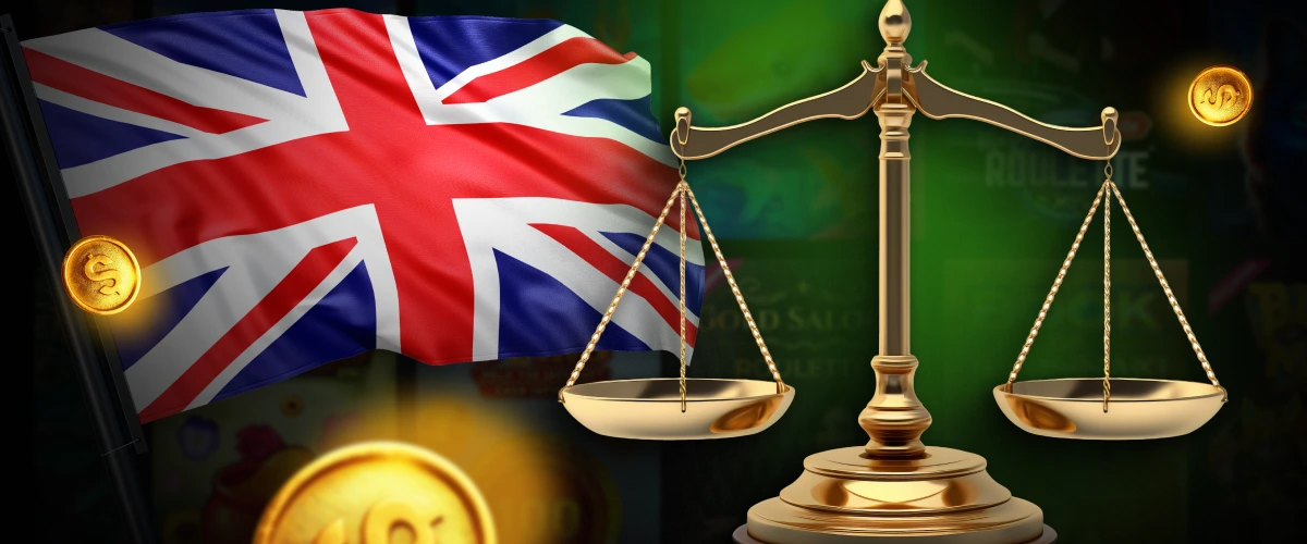 UK flag and justice scales symbolizing British gambling regulations