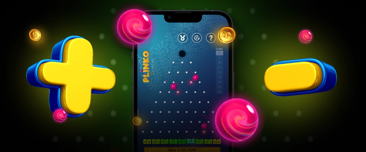 Plinko game on mobile phone with glowing pink balls and bonus symbols
