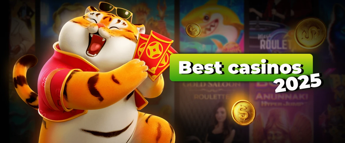 Happy tiger character with playing cards and "Best casinos 2025" text