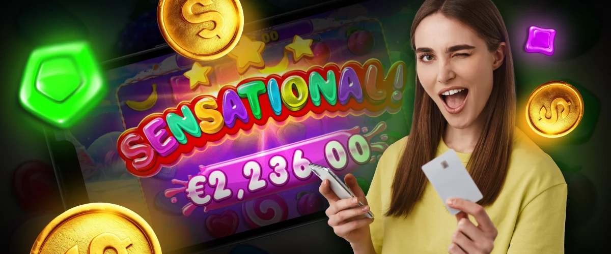 Woman winks with phone and credit card, "SENSATIONAL!" jackpot on screen