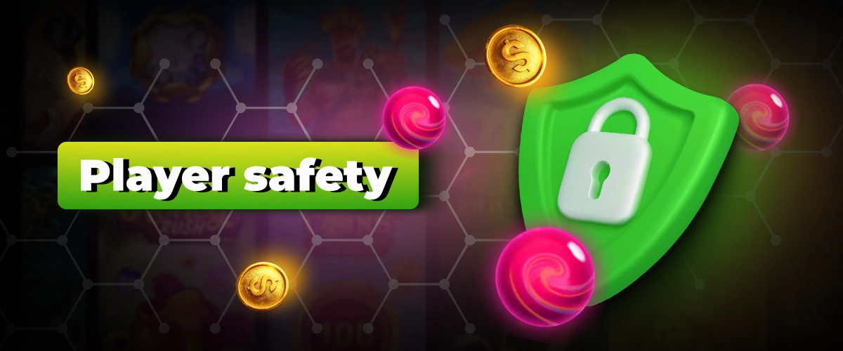 Green shield with padlock and "Player safety" text, surrounded by golden coins and pink orbs.